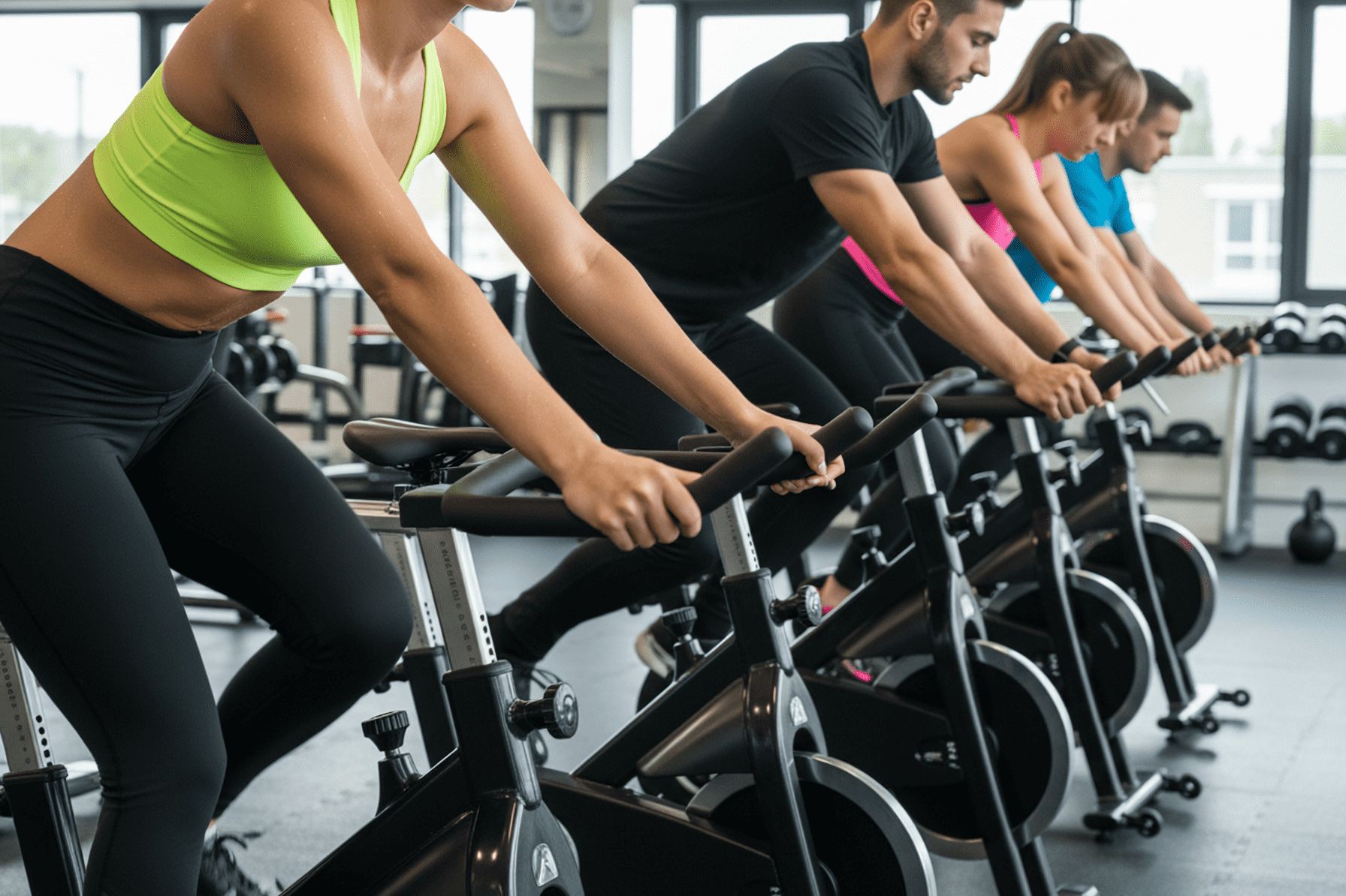 Auf dem Bild sind mehrere Personen auf stationären Fahrrädern in einem Fitnessstudio zu sehen. Die erste Person im Vordergrund ist eine Frau, die ein neongrünes Sport-BH und schwarze Leggings trägt. Die Frau und die anderen Personen schwitzen. Hinter ihr sitzen weitere Personen auf den Fahrrädern. Die Leute sind alle nach vorne gebeugt und greifen die Griffe. Das Fitnessstudio ist hell und sauber mit Fenstern im Hintergrund und einige Gewichte an der Wand.