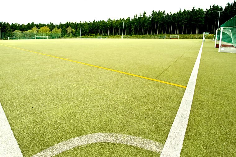 Ein grüner Kunstrasenplatz mit einer gelben Mittellinie und weißen Markierungen. Im Hintergrund eine Reihe von Bäumen.