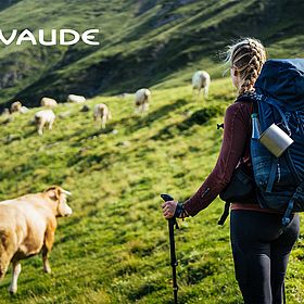 Sportpark Rabenberg EURORANDO 2026 Aussteller: VAUDE Wanderin mit Rucksack und Wanderstock geht über eine Bergwiese mit Kühen und Schafen. Vaude Logo oben links.