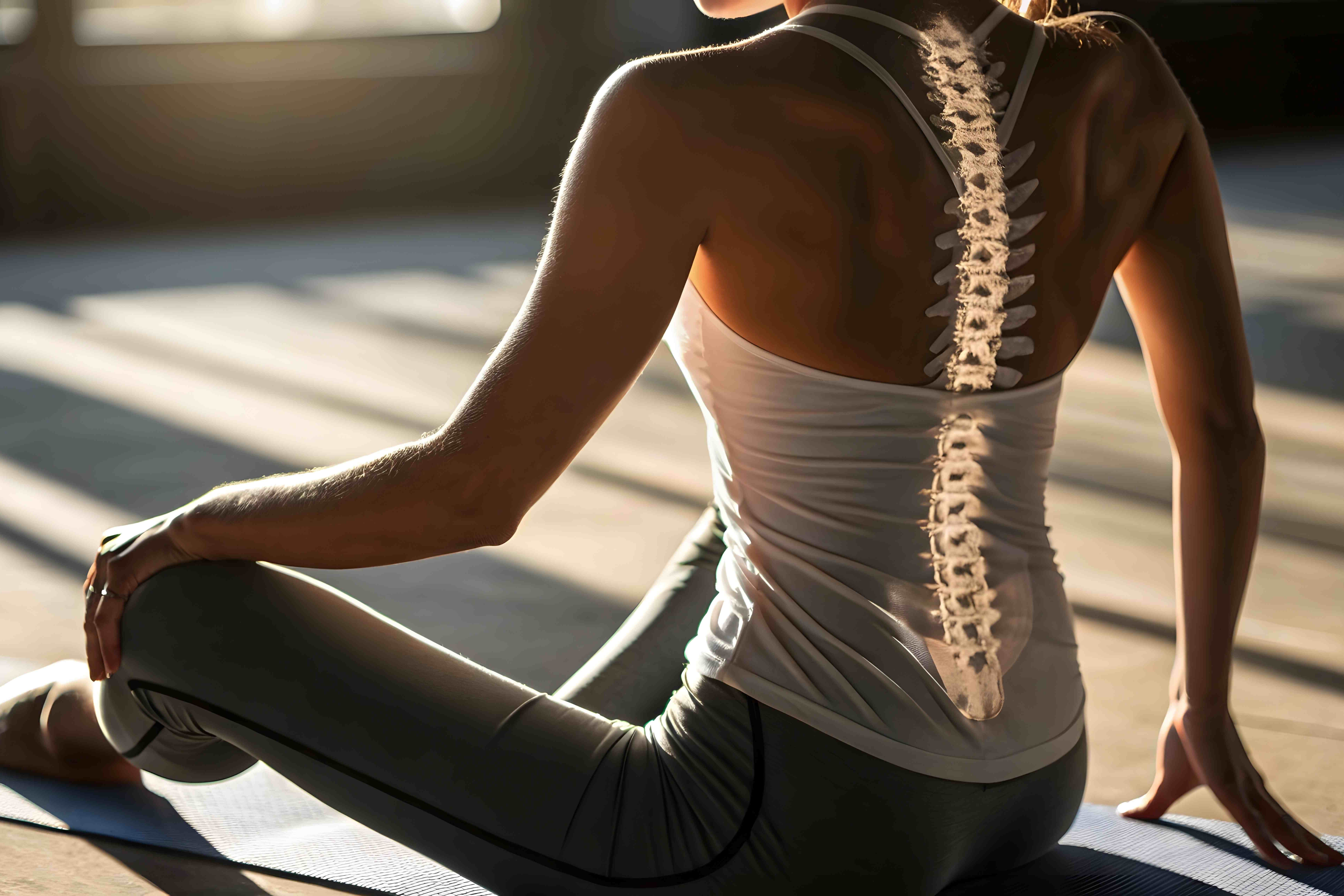 Eine Frau sitzt im Schneidersitz auf einer Yogamatte. Über ihrem Rücken ist das Skelett der Wirbelsäule hervorgehoben. Sie trägt ein weißes Tanktop und eine graue Leggings. Das Licht fällt von oben links auf sie und wirft Schatten auf den Boden.