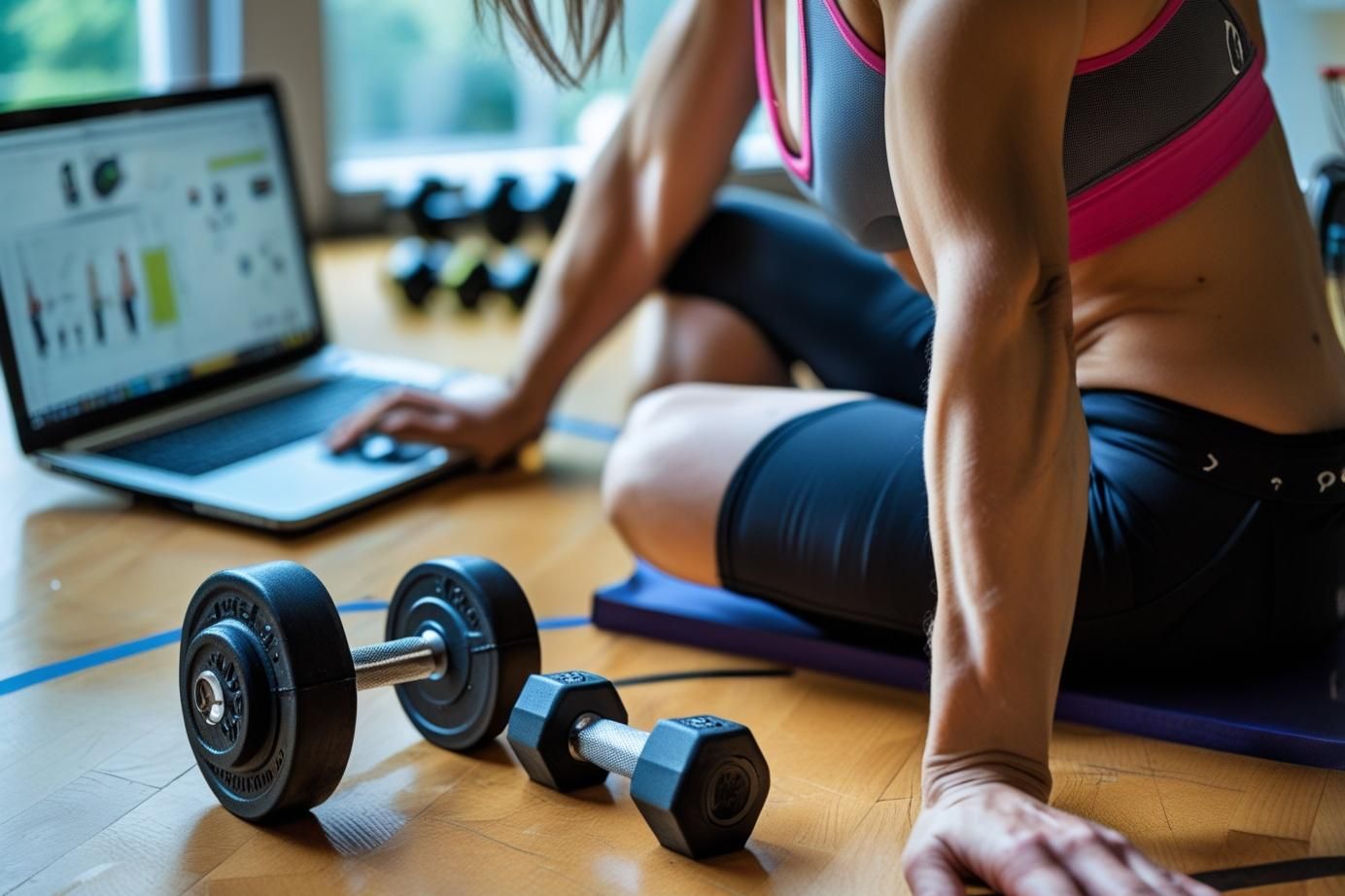 Sportpark Rabenberg: Online buchen Das Bild zeigt eine Frau, die in einem Fitnessraum trainiert. Sie sitzt auf einem lilafarbenen Fitness-Pad. Vor ihr liegen zwei Hanteln unterschiedlicher Größe. Eine größere Hantel liegt links, eine kleinere rechts. Die Frau trägt Sportkleidung, darunter einen Sport-BH mit rosa Akzenten und dunkle kurze Leggings. Sie lehnt sich nach vorne und scheint mit einem Laptop zu interagieren, der vor ihr liegt. Im Hintergrund sind weitere Gewichte und ein Fenster zu sehen, durch das Tageslicht scheint.