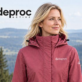 Sportpark Rabenberg EURORANDO 2026 Aussteller: deproc; AI modified Frau in roter Funktionsjacke von deproc Active im Freien vor bergiger Landschaft. Logo von deproc oben links.