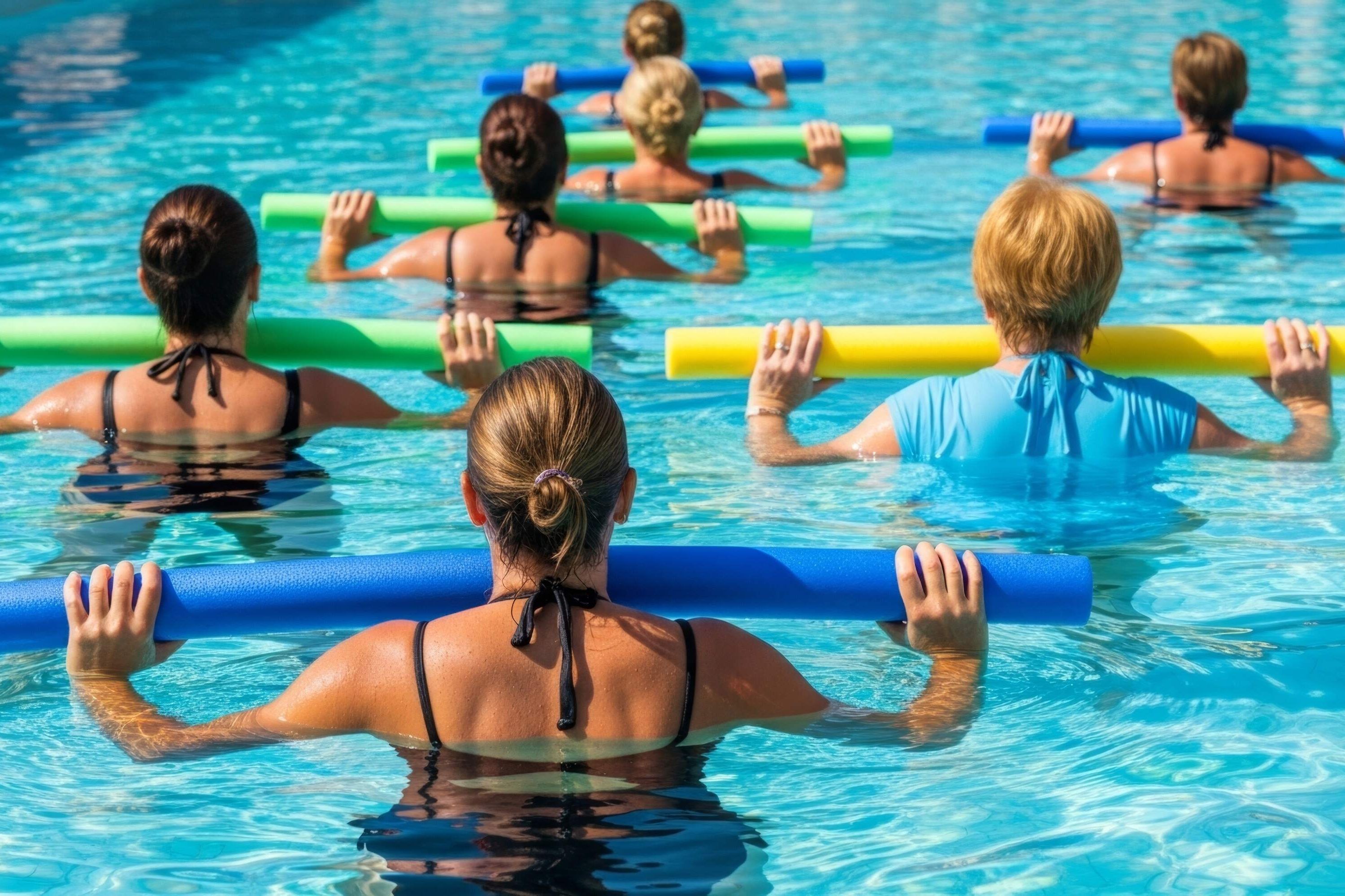 Das Bild zeigt eine Gruppe von Frauen, die Wassergymnastik in einem Pool treiben. Sie stehen im Wasser und halten bunte Schaumstoffnudeln vor sich. Das Wasser ist blau und die Sonne scheint auf die Frauen. Die meisten Frauen haben dunkle Haare, eine Frau hat blonde Haare. Sie tragen Badekleidung.