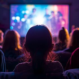 Das Bild zeigt eine Gruppe von Kindern, die scheinbar einen Film auf einer großen Leinwand ansehen. Die Kinder sind von hinten zu sehen, mit dem Fokus auf ihren Köpfen und Schultern. Die Leinwand ist hell und farbenfroh, mit Lichtern und Figuren, die den Film darstellen. Die Kinder sitzen auf einer Couch und blicken auf die Leinwand. Die Beleuchtung im Raum ist gedämpft, mit einem blauen und violetten Farbton, der die Atmosphäre eines Heimkinos erzeugt.