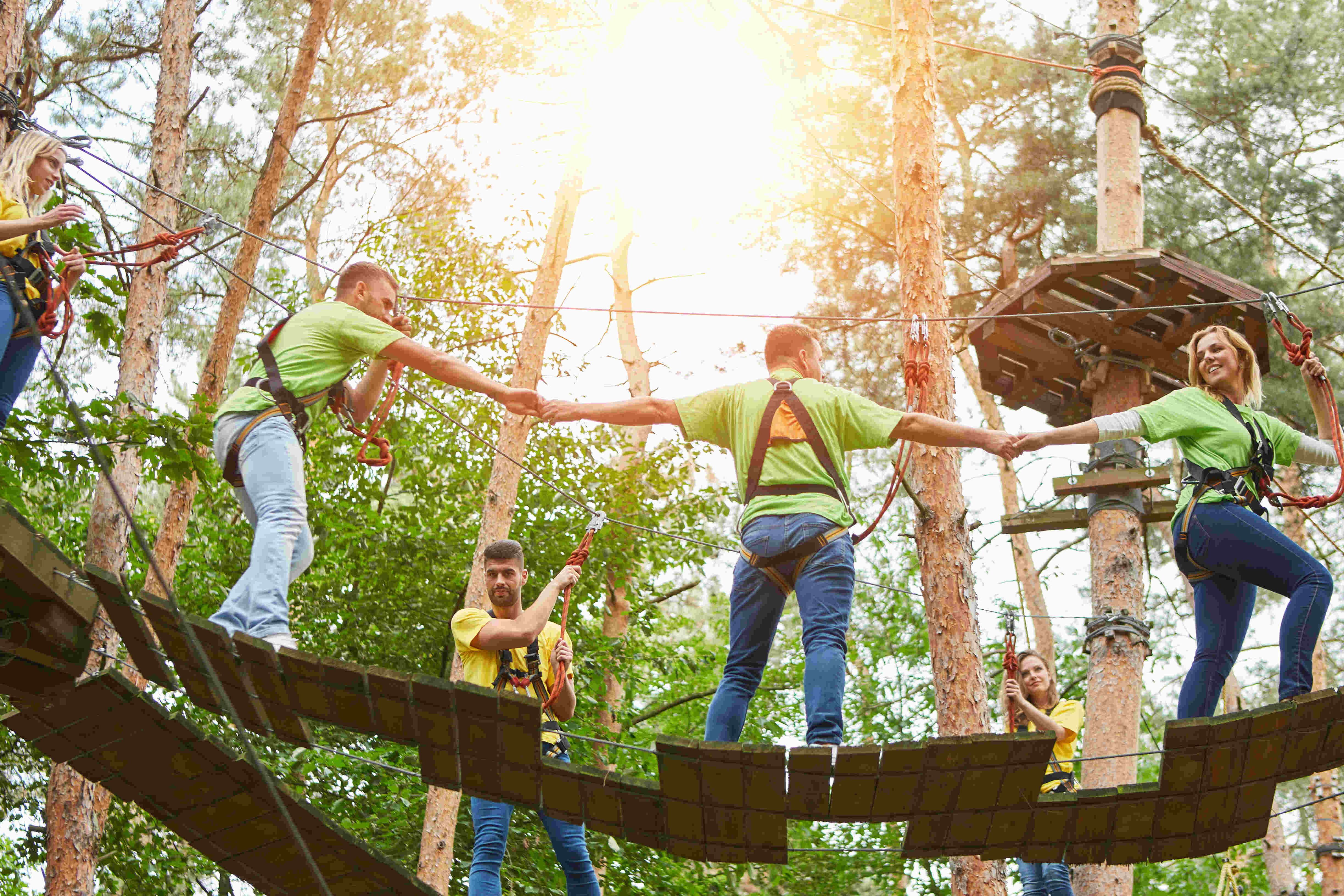 Auf dem Bild sind mehrere Menschen zu sehen, die an einem Seilgarten teilnehmen. Sie gehen auf einer Brücke aus Holzplanken, die an Bäumen befestigt ist. Die Teilnehmer sind mit Sicherheitsgurten und Kletterausrüstung gesichert und halten sich an den Händen fest, um sich gegenseitig zu helfen. Einige Personen halten auch Seile, um sich selbst zu sichern. Das Bild ist im Freien aufgenommen, wobei die Sonne durch die Bäume scheint.