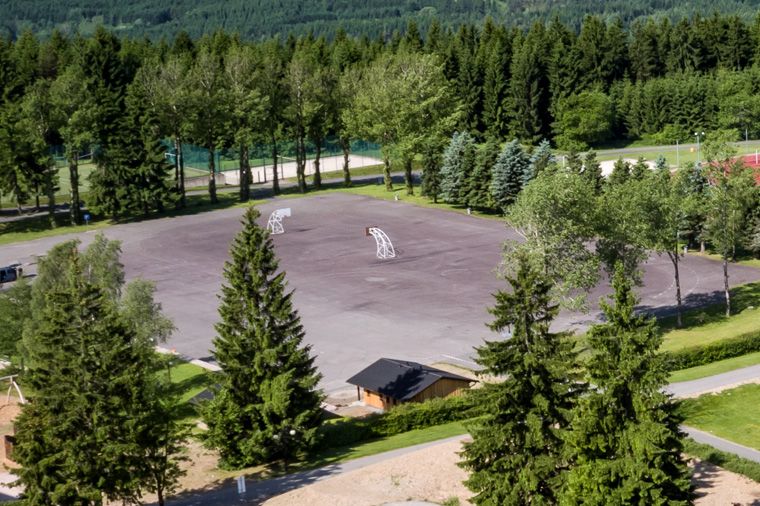 Eine Freiluft-Sportanlage mit zwei Basketballkörben auf einem dunklen Platz, umgeben von Bäumen und im Hintergrund ein dichter Wald.