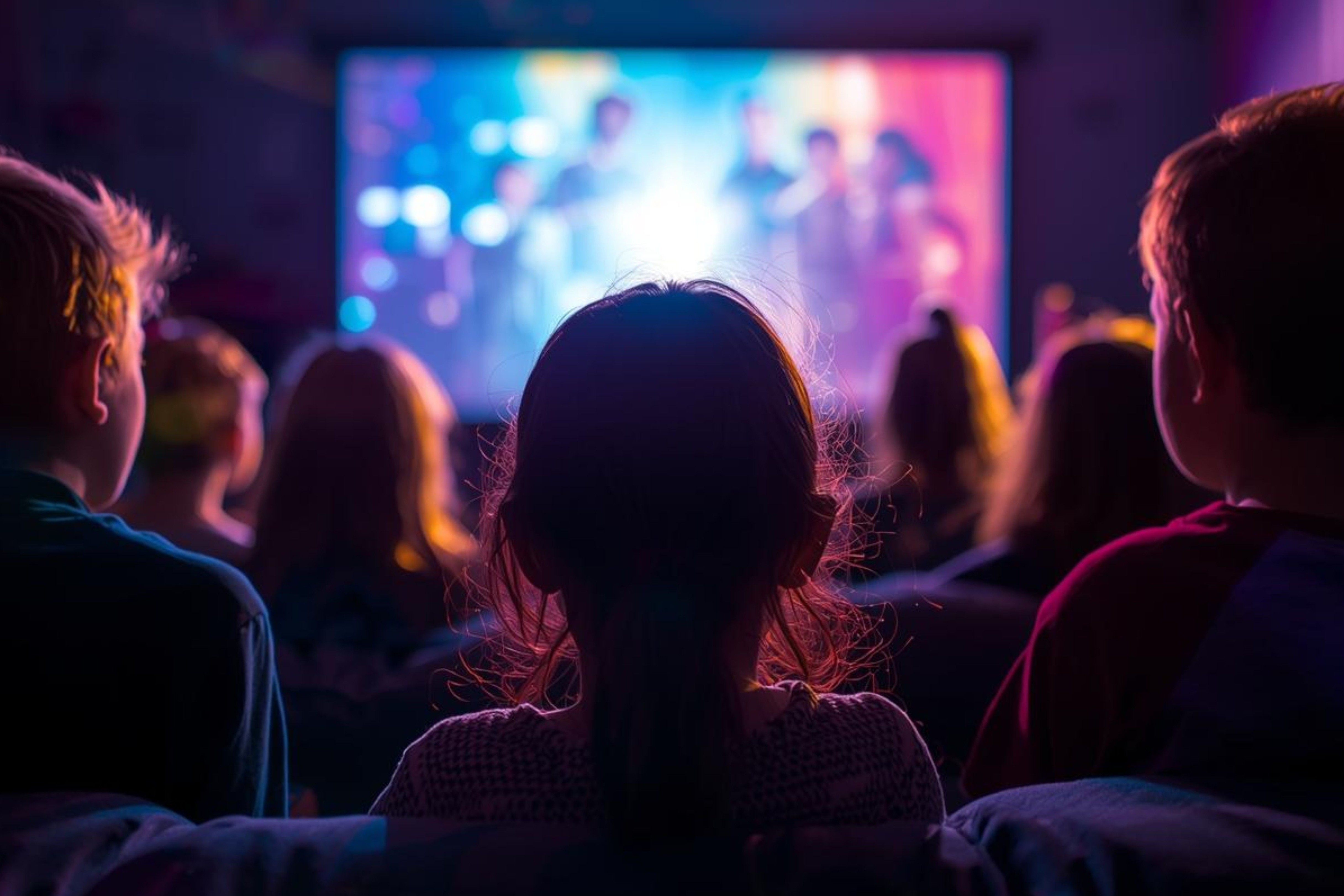 Das Bild zeigt eine Gruppe von Kindern, die scheinbar einen Film auf einer großen Leinwand ansehen. Die Kinder sind von hinten zu sehen, mit dem Fokus auf ihren Köpfen und Schultern. Die Leinwand ist hell und farbenfroh, mit Lichtern und Figuren, die den Film darstellen. Die Kinder sitzen auf einer Couch und blicken auf die Leinwand. Die Beleuchtung im Raum ist gedämpft, mit einem blauen und violetten Farbton, der die Atmosphäre eines Heimkinos erzeugt.