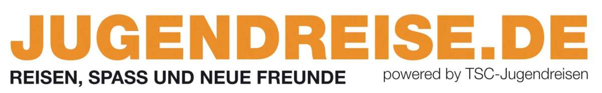 Das Bild ist ein Logo. Es besteht hauptsächlich aus Text. Der Hauptteil des Logos ist das Wort "JUGENDREISE.DE" in großen, orangefarbenen Buchstaben. Darunter, in kleineren, schwarzen Buchstaben, steht "REISEN, SPASS UND NEUE FREUNDE". Am unteren rechten Rand steht in kleineren, schwarzen Buchstaben "powered by TSC-Jugendreisen".