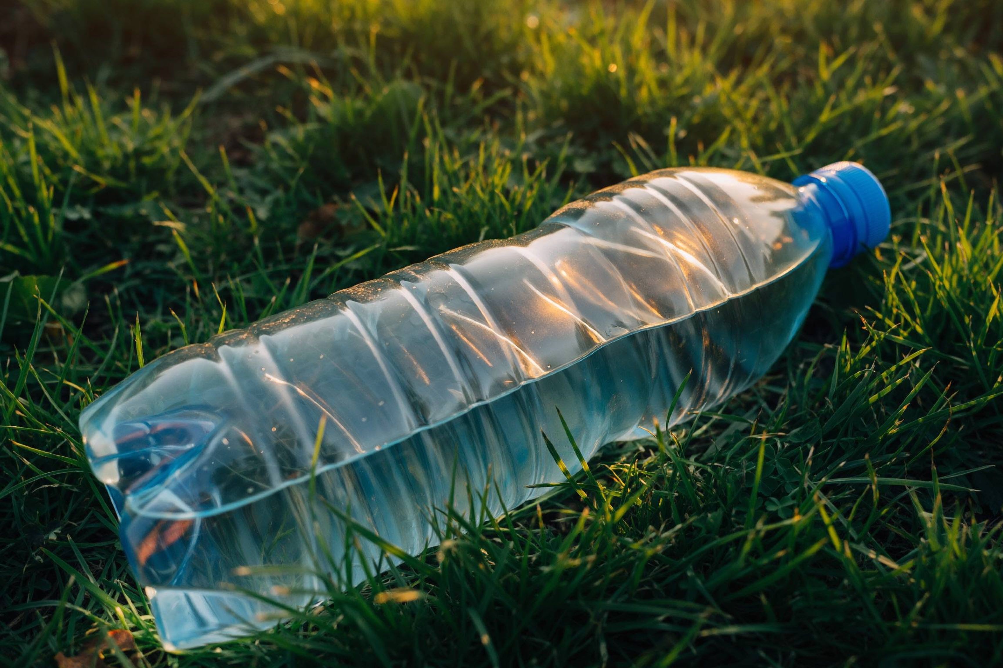 Das Foto zeigt eine durchsichtige Plastikwasserflasche, die auf einer grünen Wiese liegt. Der Deckel der Flasche ist blau. Die Sonne scheint auf die Flasche und das Gras, wodurch Reflexionen und Schatten entstehen. Das Gras ist dicht und grün, und die Sonne scheint es golden zu färben.