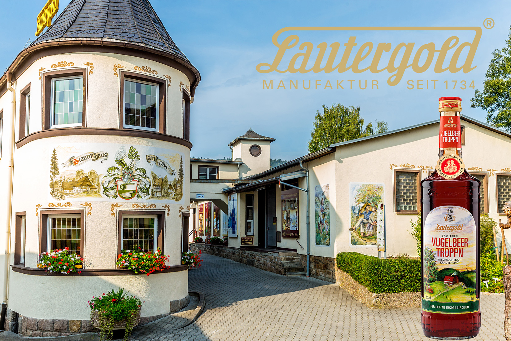 Sportpark Rabenberg EURORANDO 2026 Aussteller: Lautergold; © Dirk Rückschloß | BUR Werbeagentur Lautergold Manufaktur Gebäude mit historischer Fassade und Flasche "Lautergold VOGELBEER TROPFN"