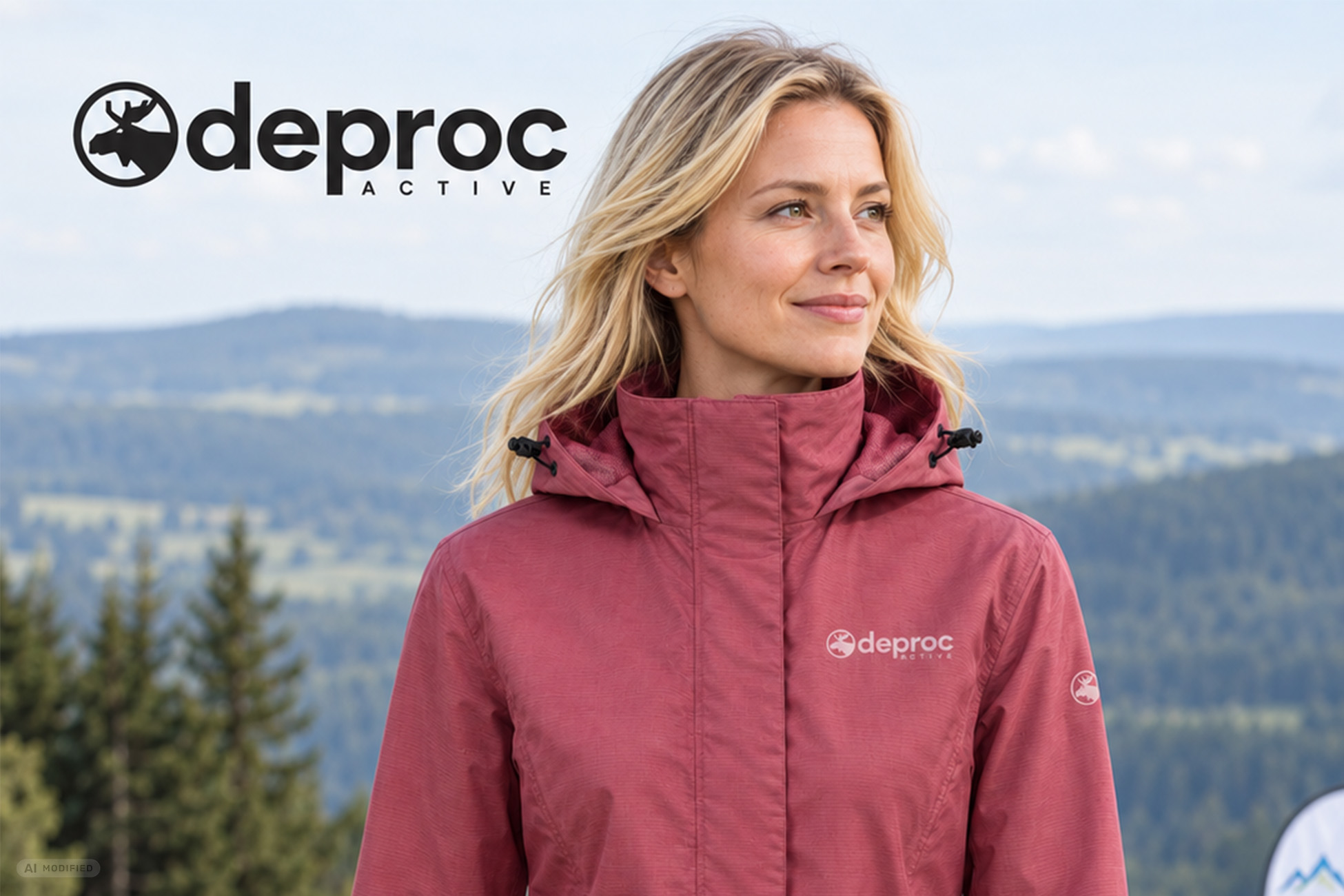 Sportpark Rabenberg EURORANDO 2026 Aussteller: deproc; AI modified Frau in roter Funktionsjacke von deproc Active im Freien vor bergiger Landschaft. Logo von deproc oben links.