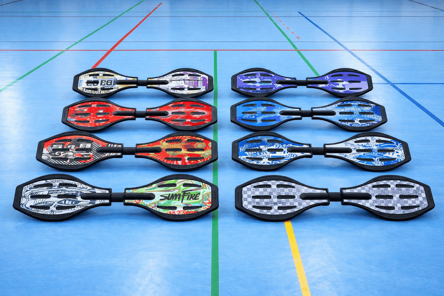 Das Bild zeigt acht Waveboards auf einem blauen Sporthallenboden. Die Waveboards sind in zwei Reihen angeordnet. Jedes Board hat eine andere Farbe und Grafik. Im Hintergrund sind Linien des Sportbodens zu sehen.